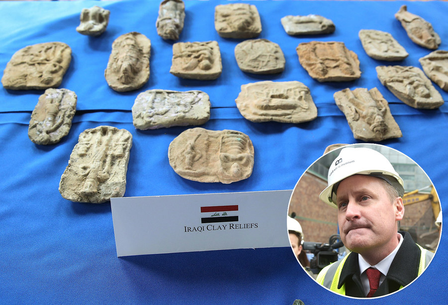 Left, ancient clay artifacts from Iraq that were recovered and returned to the Republic of Iraq after a smuggling investigation by the Department of Homeland Security last March. Right, Steve Green the current Hobby Lobby President. By Mandel Ngan (Green), by Mark Wilson (Artifacts), both from Getty Images.