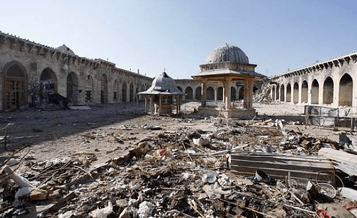 The Umayyad mosque in Aleppo, Syria was built between the 8th and 13th centuries and is reputedly home to the remains of John the Baptist’s father. It is located in the walled Old City, a UNESCO World Heritage site. Heavy fighting during the Syrian civil war has ruined the holy site and toppled its minaret on April 13, 2013. Photo: Franklin Lamb