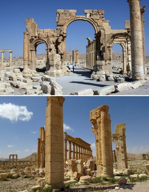 A combination of images shows a general view (top) taken on June 19, 2010, of Palmyra's Arch of Triumph — before it was destroyed by Islamic State jihadists in October 2015 — and the remains of the structure after government troops recaptured the ancient city from IS fighters on March 27. Louai Beshara/AFP/Getty Images