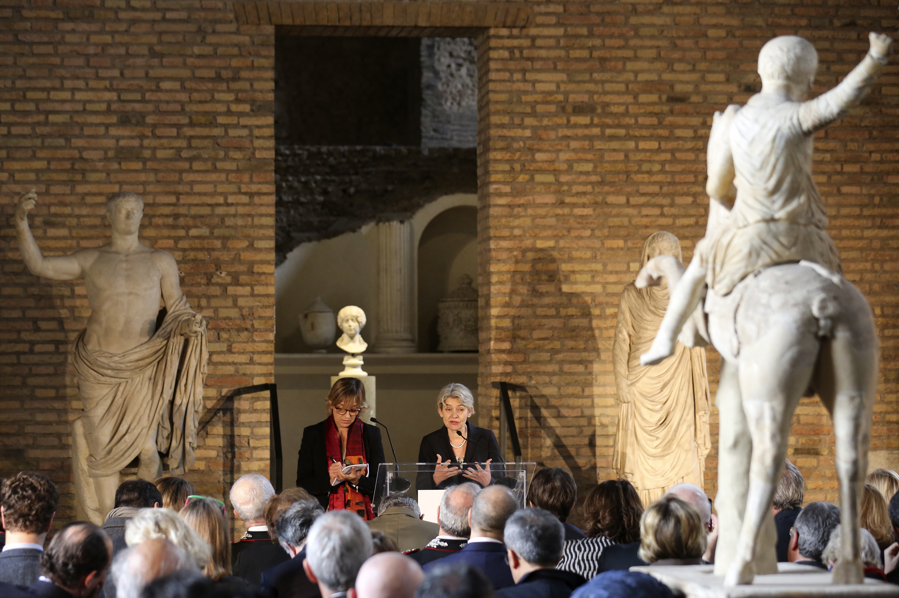 Irina Bokova at the presentation of the Unite for Heritage operation, a UN-backed task force to protect monuments and cultural sites. Image: REUTERS/Stefano Rellandini