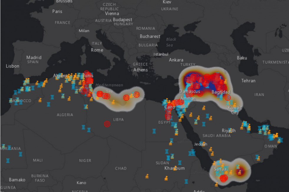 This map shows where some of the world’s cultural heritage sites are at risk from terrorists. Image: The Antiquities Coalition