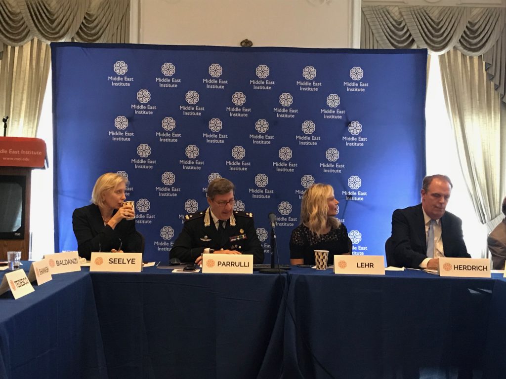 From left: MEI Vice President Kate Seelye, Brigadier General Fabrizio Parrulli, Antiquities Coalition founder and chairman Deborah Lehr, Antiquities Coalition, and Antiquities Coalition co-founder Peter Herdrich at a roundtable discussion with cultural heritage experts.