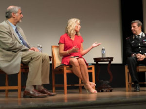 From left: Acting Director of the Freer Gallery of Art Richard Kurin, Antiquities Coalition founder and chairman Deborah Lehr, and Brigadier General Fabrizio Parrulli discuss threats to cultural heritage after Parrulli’s speech.
